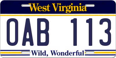 WV license plate OAB113