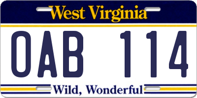 WV license plate OAB114