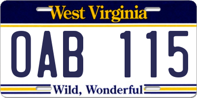 WV license plate OAB115