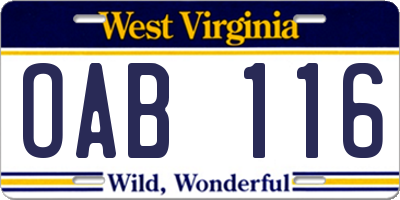 WV license plate OAB116