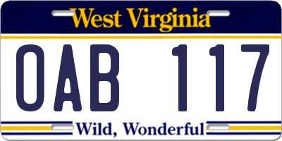 WV license plate OAB117