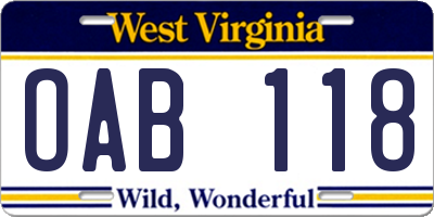 WV license plate OAB118
