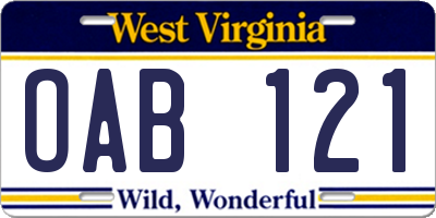 WV license plate OAB121