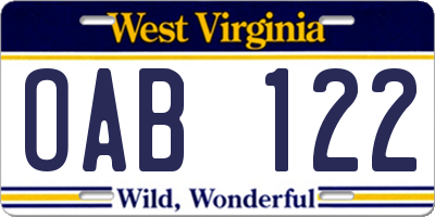 WV license plate OAB122