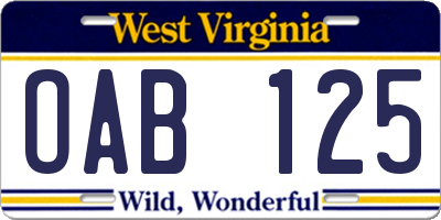 WV license plate OAB125