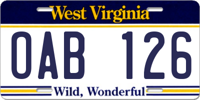 WV license plate OAB126