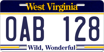 WV license plate OAB128