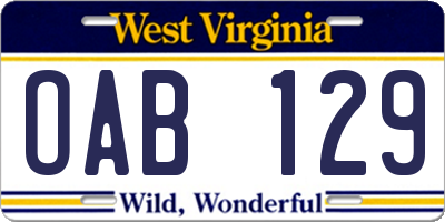 WV license plate OAB129