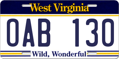 WV license plate OAB130