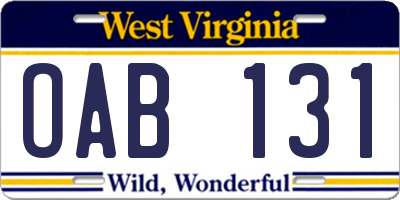 WV license plate OAB131