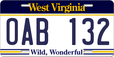 WV license plate OAB132