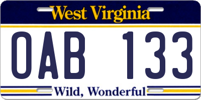 WV license plate OAB133