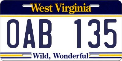 WV license plate OAB135