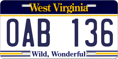 WV license plate OAB136