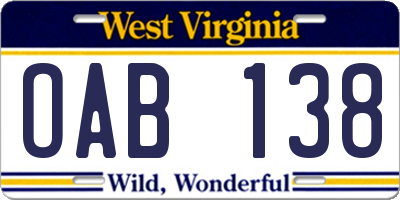 WV license plate OAB138