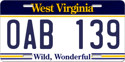 WV license plate OAB139