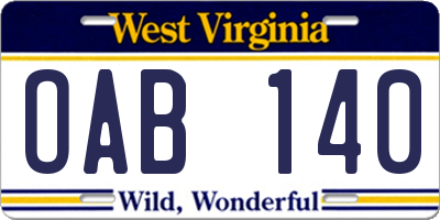WV license plate OAB140