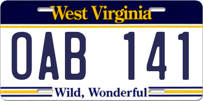 WV license plate OAB141