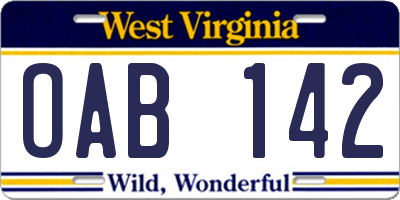 WV license plate OAB142
