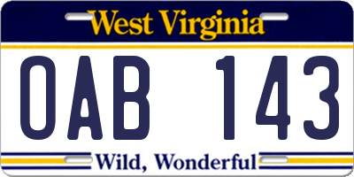 WV license plate OAB143