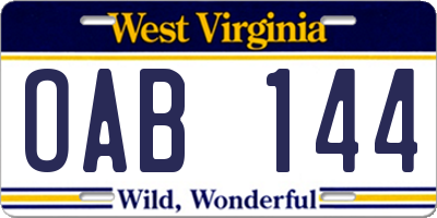 WV license plate OAB144