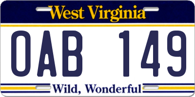 WV license plate OAB149