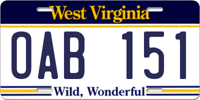 WV license plate OAB151