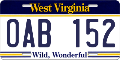 WV license plate OAB152