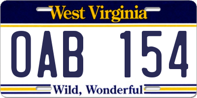 WV license plate OAB154