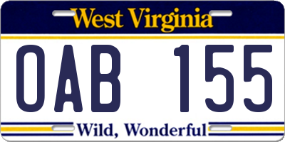 WV license plate OAB155
