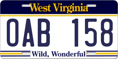 WV license plate OAB158