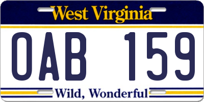 WV license plate OAB159