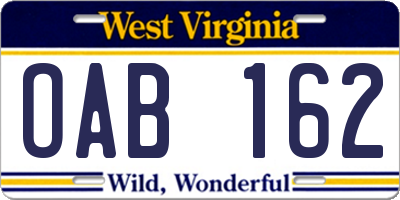 WV license plate OAB162