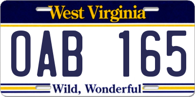 WV license plate OAB165