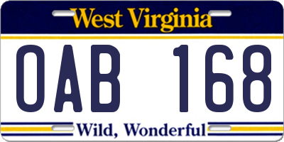 WV license plate OAB168