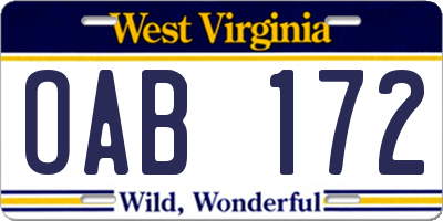 WV license plate OAB172