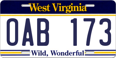 WV license plate OAB173