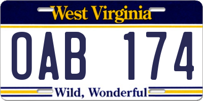 WV license plate OAB174
