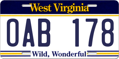 WV license plate OAB178