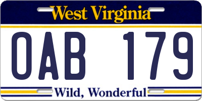 WV license plate OAB179