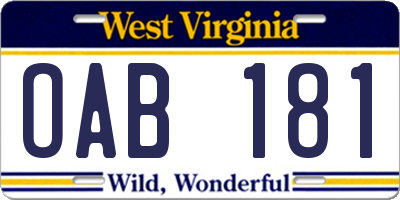 WV license plate OAB181