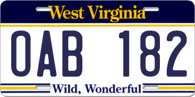 WV license plate OAB182