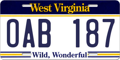 WV license plate OAB187
