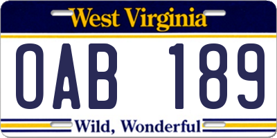 WV license plate OAB189