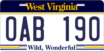 WV license plate OAB190