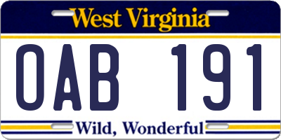 WV license plate OAB191