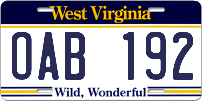 WV license plate OAB192