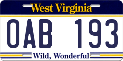 WV license plate OAB193