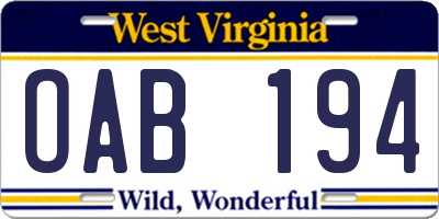 WV license plate OAB194