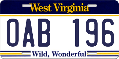 WV license plate OAB196